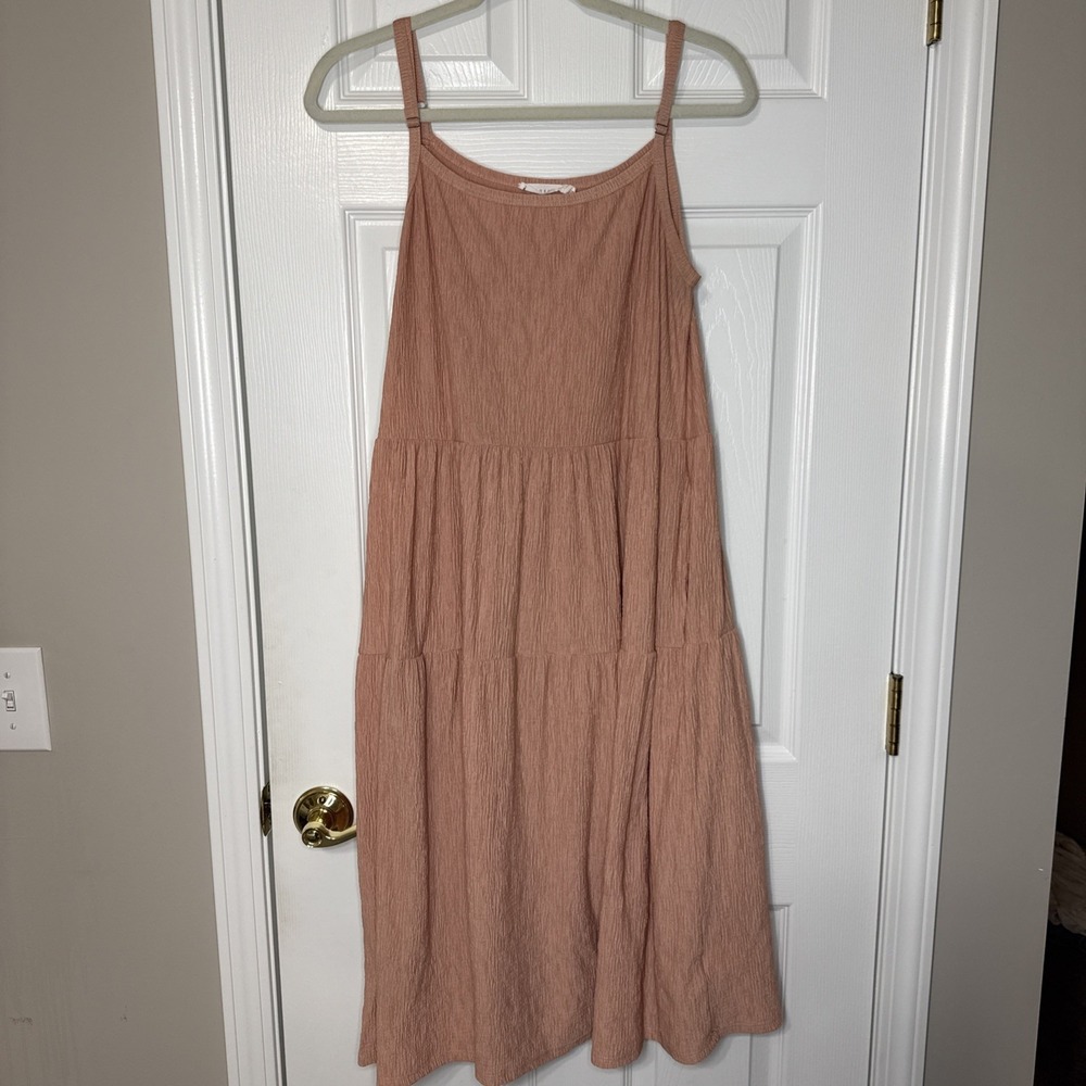 Lush Dusty Rose Tiered Midi Dress L Cottagecore Prairie Gauze Boho Chic